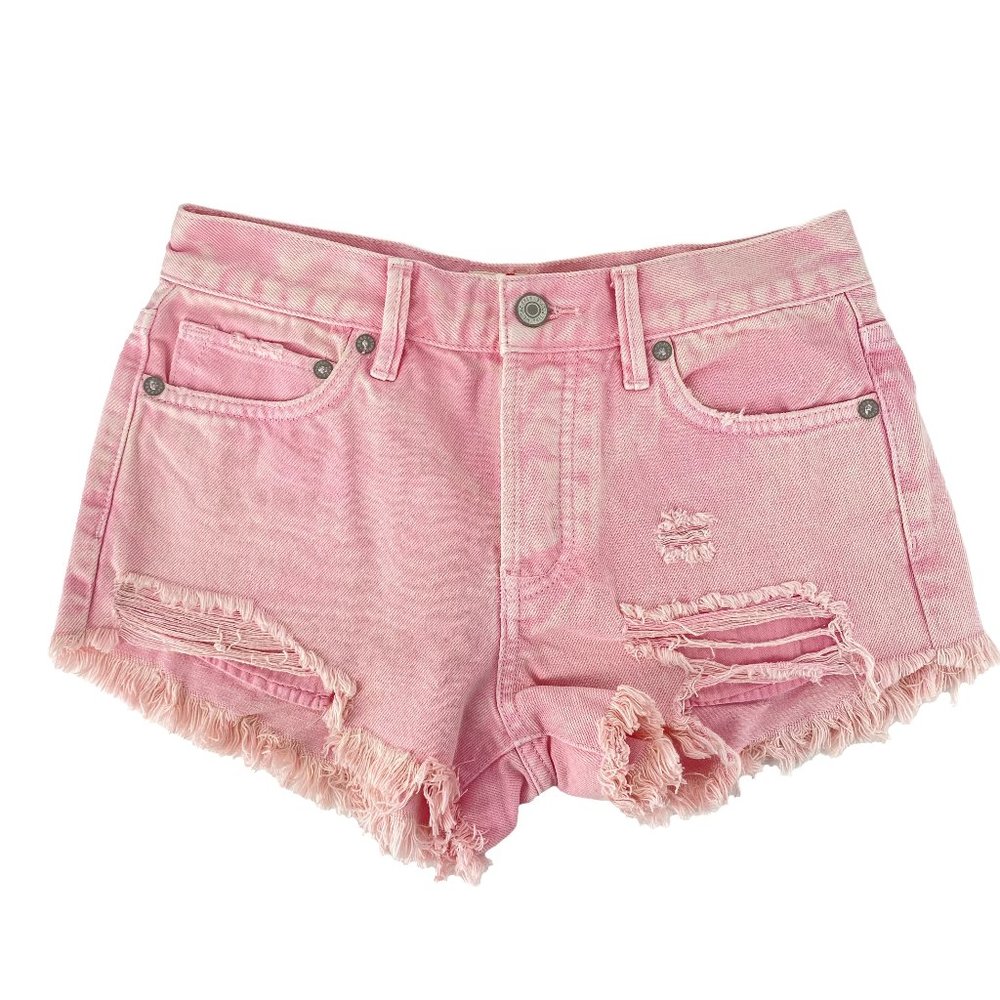 FREE PEOPLE We the Free Pink Button Fly Distressed Cutoff Shorts Size 24 NWOT